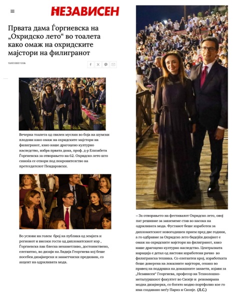 Првата дама Ѓоргиевска на „Охридско лето“ во тоалета како омаж на охридските мајстори на филигранот - Независен Весник